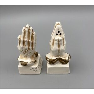 Vintage Salt & Pepper Shakers Ceramic Praying Hands Religious White‎ Gold color